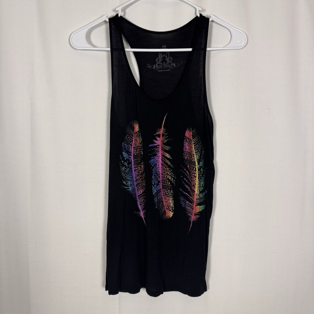 Bear Dance Womens Black Rainbow Feather Graphic Racerback Tank Top Boho Small